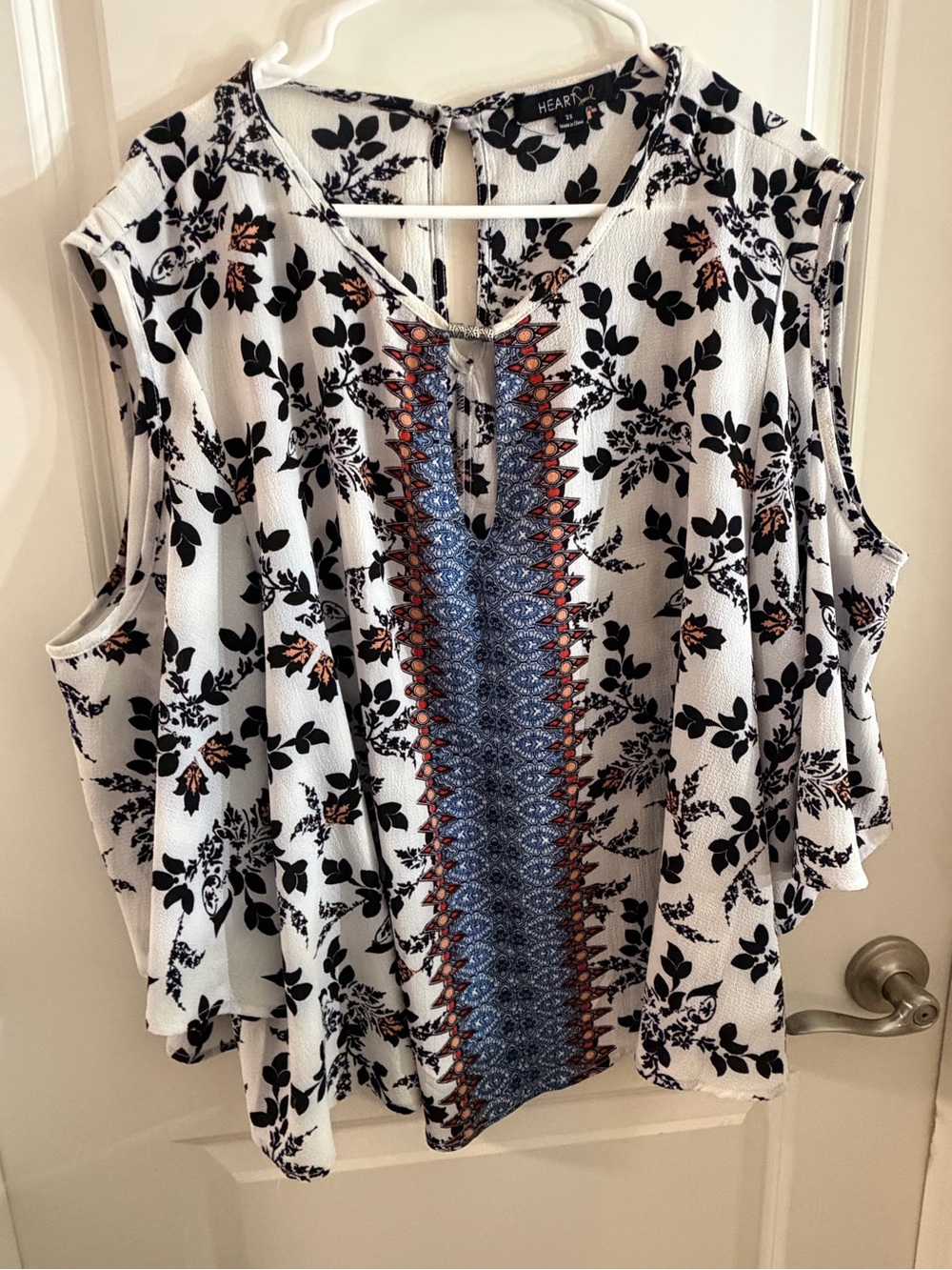 HeartSoul White Floral Cold-Shoulder Top with Blue Embroidered Panel